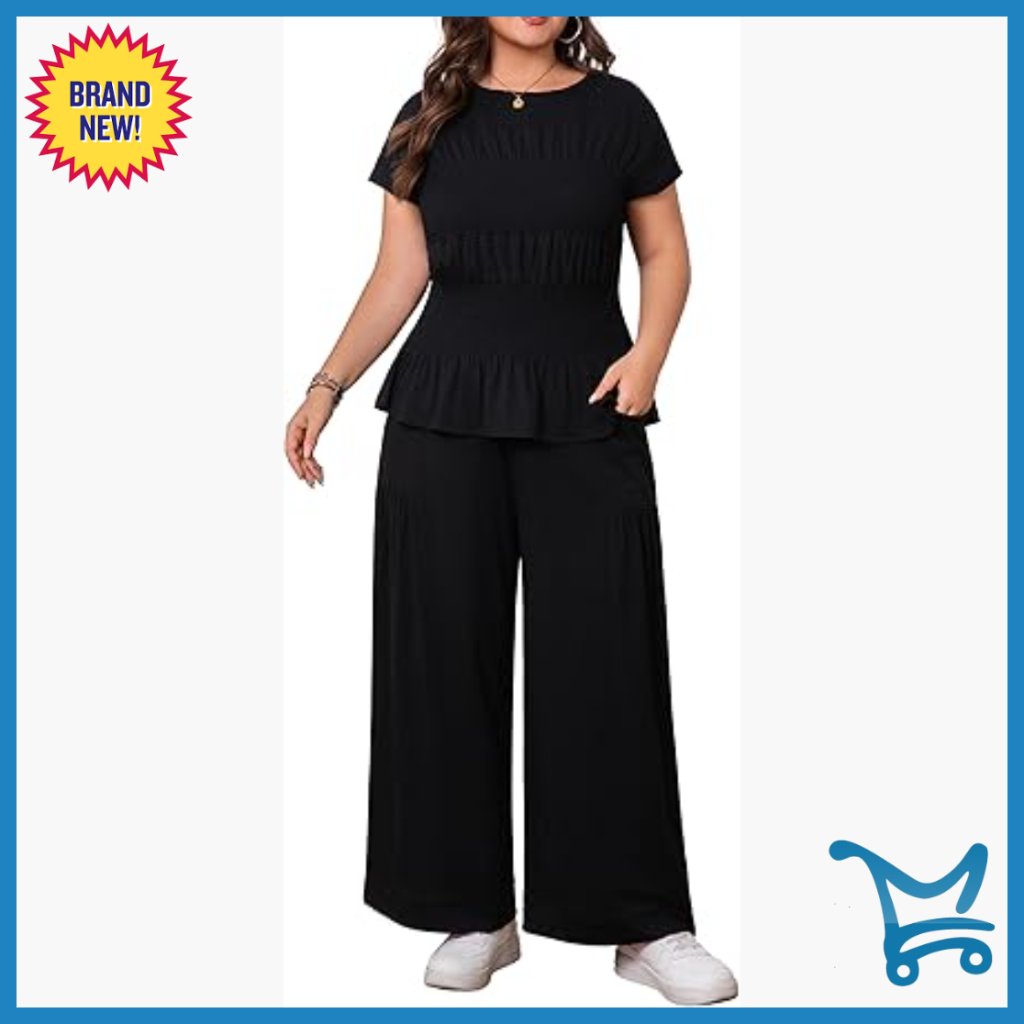 Plus Size Lounge Set Smocked Top Wide Leg Pants Pockets Comfort
